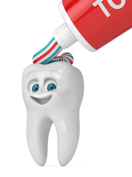 Rendu Dessin Animé Dent Avec Dentifrice Isolé Sur Fond Blanc — Photo