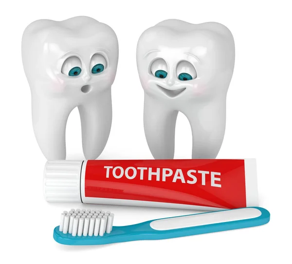 3D render of cartoon Mr Tooth with friend looking at toothbrush and toothpaste isolated over white background. Pediatric dental hygiene concept.