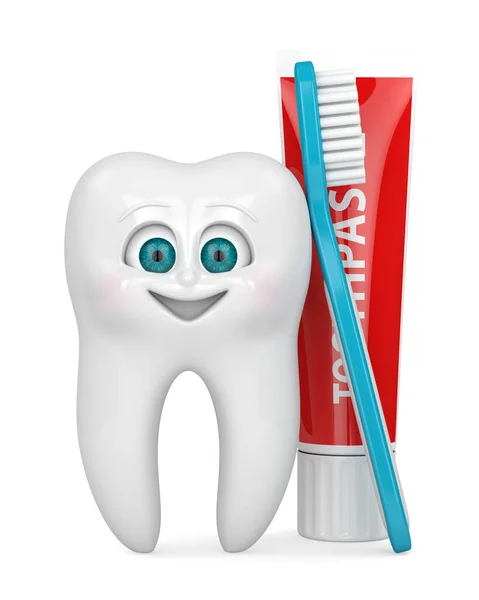 Weergave Van Cartoon Tooth Met Tandenborstel Tandpasta Geïsoleerd Witte Achtergrond — Stockfoto