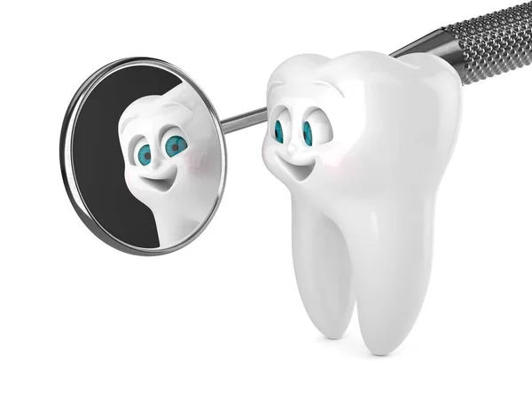 Återgivning Tecknad Tooth Tittar Spegeln Isolerad Över Vit Bakgrund Pediatrisk — Stockfoto