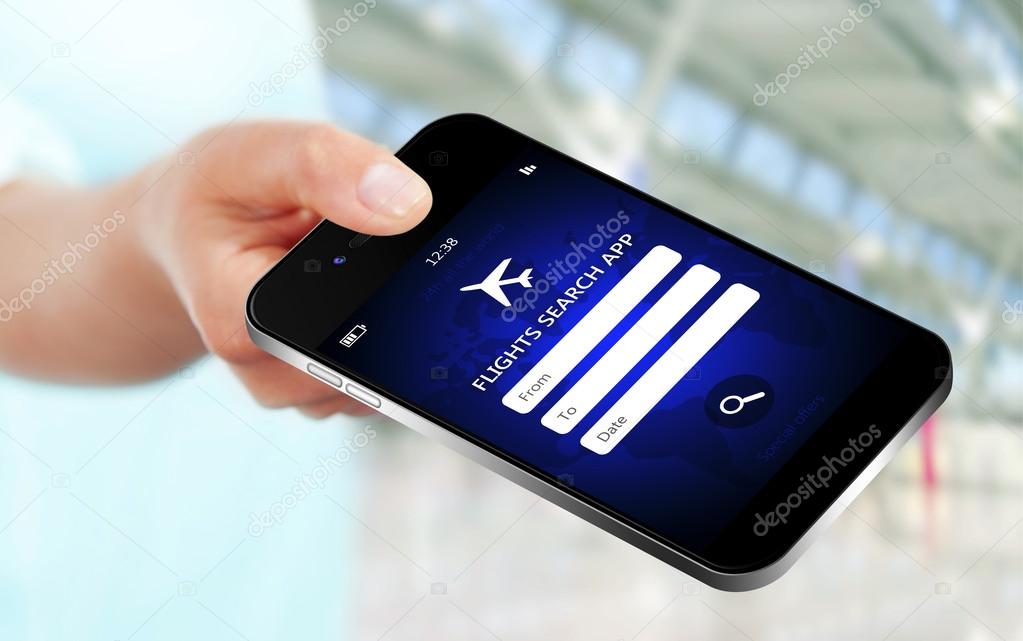 hand holding mobile phone with flights research application