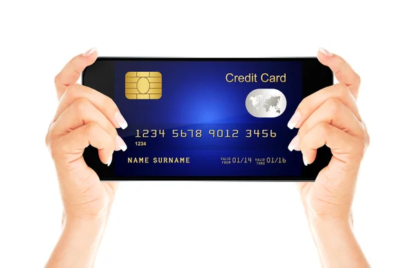 Mobiele telefoon met credit card holded door handen geïsoleerd over whit — Stockfoto