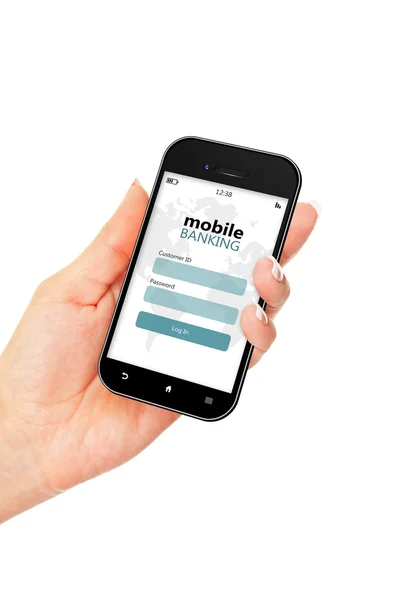 Mobiele telefoon met mobiel bankieren login pagina holded door hand isola — Stockfoto