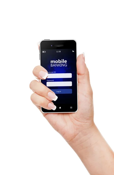 Cellulare con mobile banking log in pagina tenuta a mano isol — Foto Stock