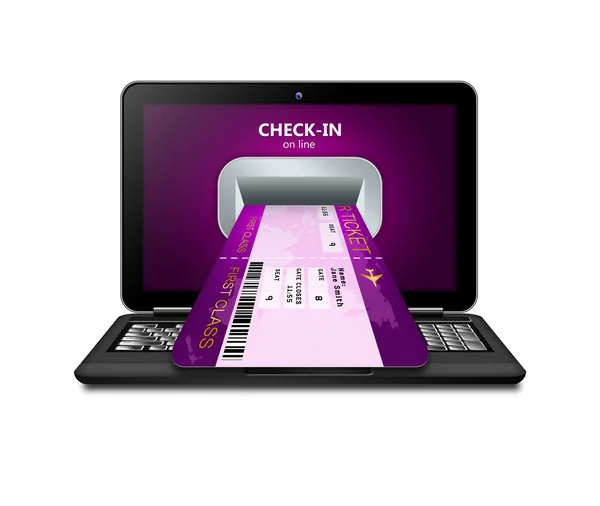 På linje incheckning med utskrift av boardingkort av laptop isolerade — Stockfoto