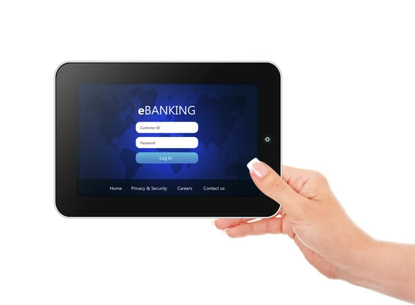 Tablet mit eBanking-Login-Seite per Hand isoliert über wh — Stockfoto