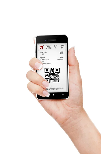 Hand met mobiele telefoon met mobiele boarding pass geïsoleerde ove — Stockfoto