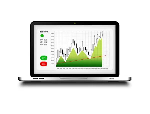Laptop med börsen diagram isolerade över vita — Stockfoto