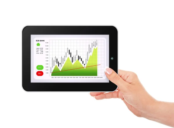 Hand hält Tablette mit Börsendiagramm isoliert über weiß — Stockfoto