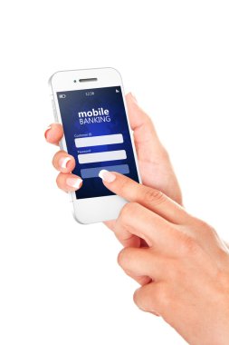 hareket eden telefon ile mobil bankacılık giriş sayfası holded el ile isol