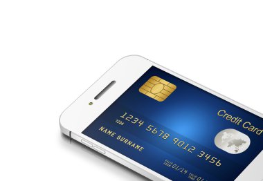kredi kartı ile cep telefonu üzerinde beyaz izole