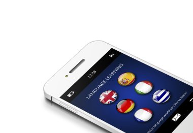 mobile phone with language learning application over white clipart