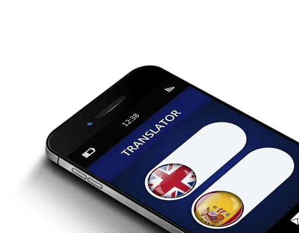 흰색 위에 언어 번역기 응용 프로그램과 함께 휴대 전화 — Stok fotoğraf