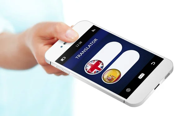 ホワイト上の言語翻訳アプリケーションと携帯電話 — ストック写真