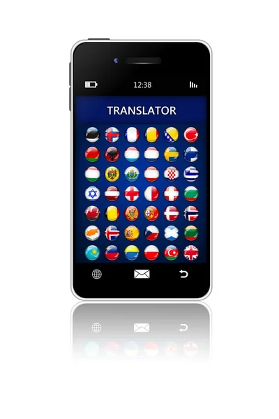 Telefone celular com aplicativo tradutor de idioma sobre branco — Fotografia de Stock