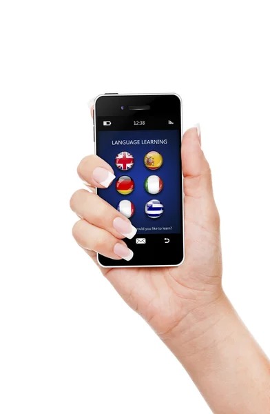 Hand, holding mobile phone with language learning application ov — Stock Photo, Image