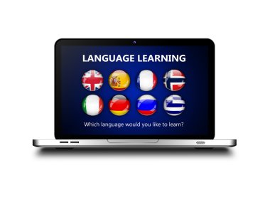 laptop with language learning page over white clipart