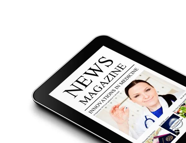 Tablet with nwes magazine page isolated over white — Stock Photo, Image