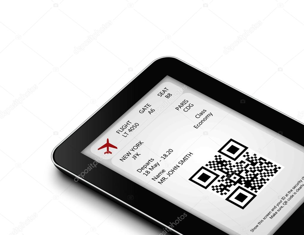 tablet with mobile boarding pass isolated over white