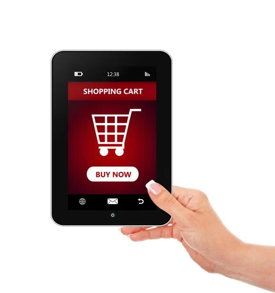 Hand holding tablet with  shopping cart isolated over white — Stock Photo, Image