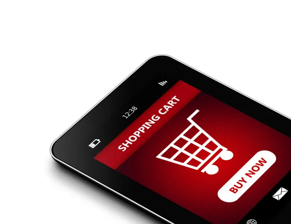 Alışveriş sepeti içinde beyaz izole ile tablet — Stok fotoğraf