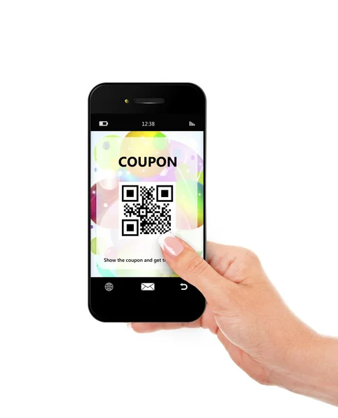 Hand met mobiele telefoon met korting coupon geïsoleerd over whi — Stockfoto