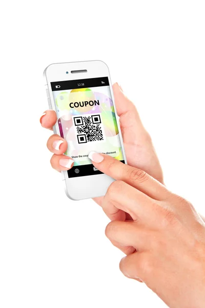 Hand holding mobile phone with discount coupon isolated over whi — Stock Photo, Image