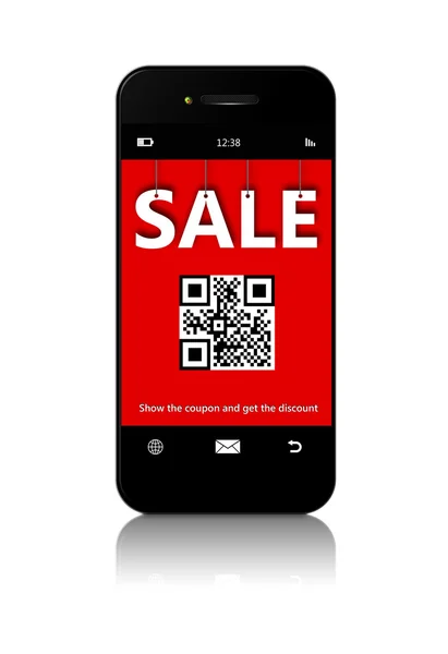 Mobiele telefoon met korting coupon geïsoleerd over Wit — Stockfoto