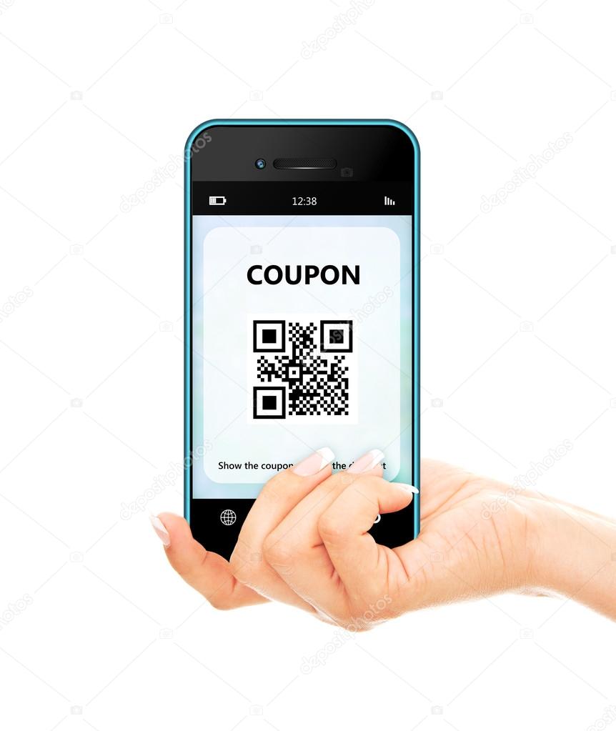 hand holding mobile phone with discount coupon isolated over whi