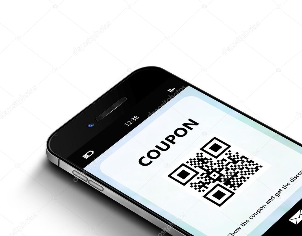 mobile phone with discount coupon isolated over white