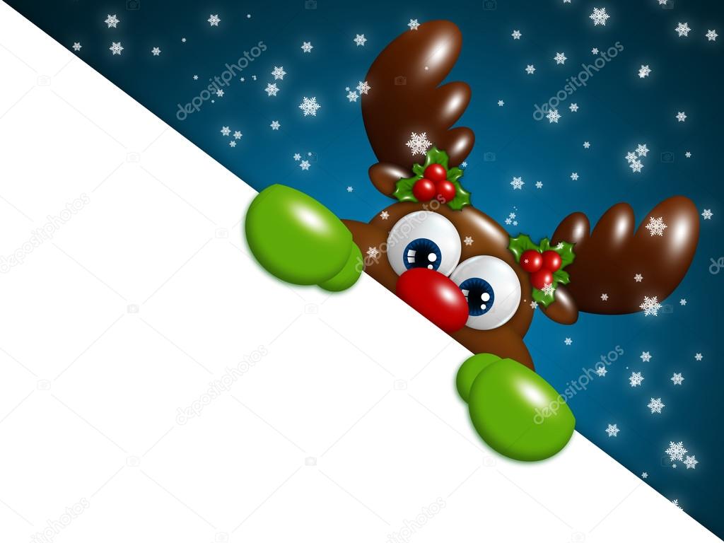 christmas cartoon reindeer over blue background holding blank