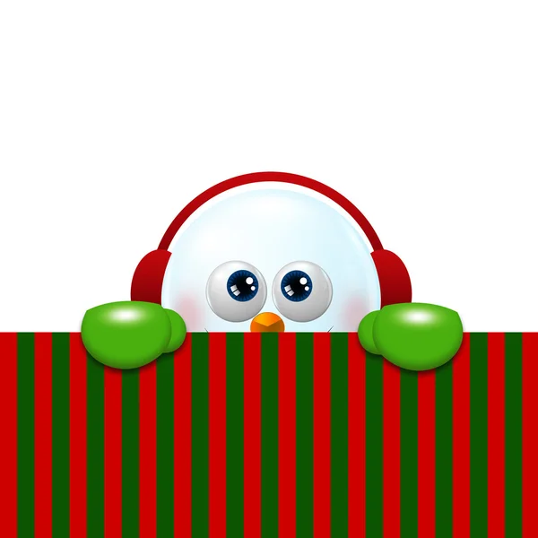 Snowman with earmuffs looking up and holding christmas blank — Stock Photo, Image