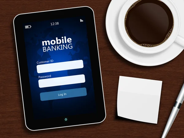 Tablet with mobile banking login page, cup of coffee, pen and wh — Stock Photo, Image