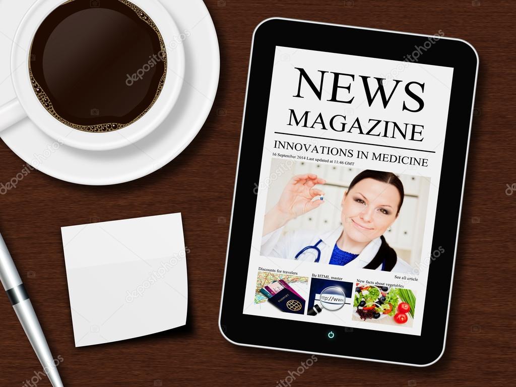 tablet with news magazine, cup of coffee, pen and white sheet