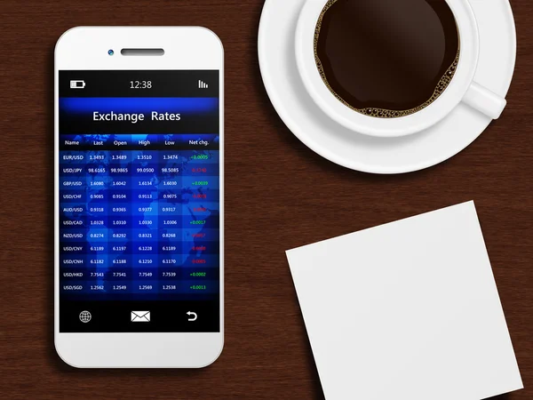 Mobile phone with stock exchange screen, mug of coffee, and whit — Stock Photo, Image