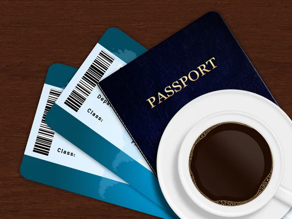 Tasse Kaffee mit Flugtickets und Reisepass auf Holz liegend — Stockfoto