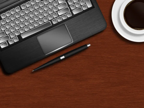 Teclado portátil, pluma y taza de café en escritorio de madera — Foto de Stock