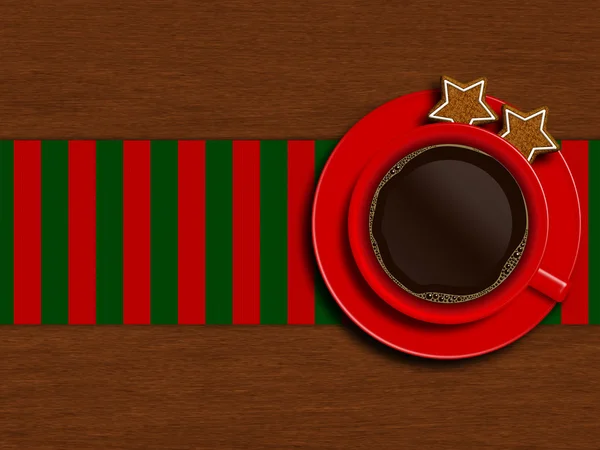 Kerstmis kopje koffie met koekjes liggend op houten tafel — Stockfoto