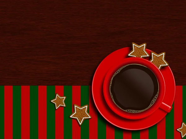 Christmas cup of coffee with cookies lying on wooden table — Stock Photo, Image