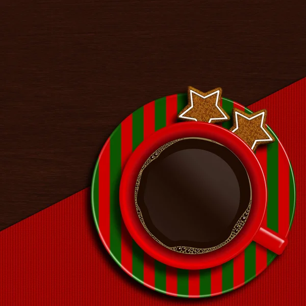 Christmas cup of coffee with cookies lying on wooden table — Stock Photo, Image
