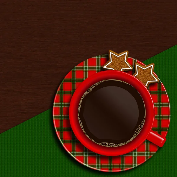 Kerstmis kopje koffie met koekjes liggend op houten tafel — Stockfoto