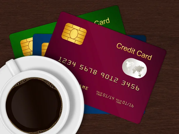 White cup of coffee with credit cards — Stock Photo, Image