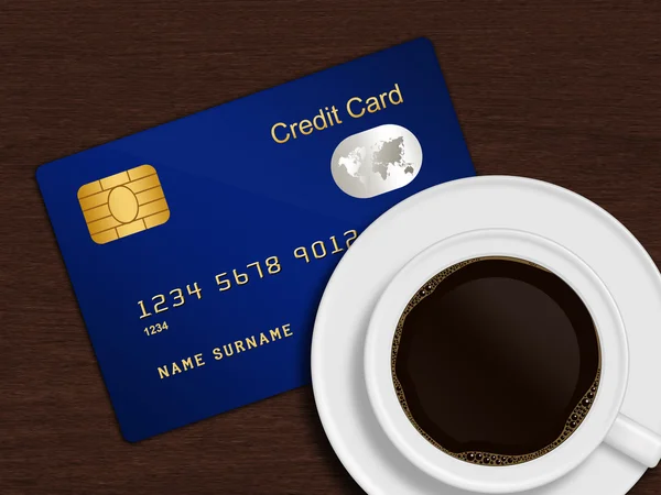 Xícara branca de café com cartão de crédito azul — Fotografia de Stock