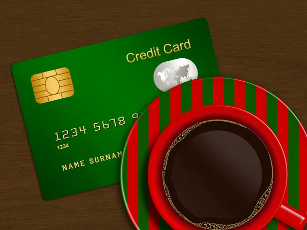 Χριστούγεννα φλιτζάνι καφέ με πιστωτική κάρτα — Φωτογραφία Αρχείου