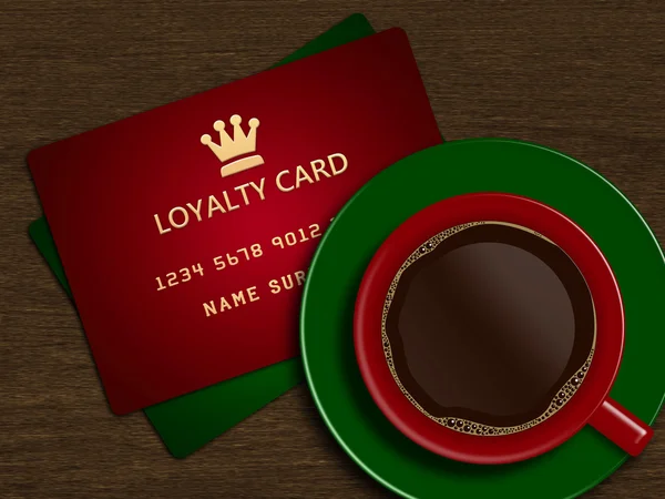 Kerstmis kopje koffie met klantenkaarten — Stockfoto