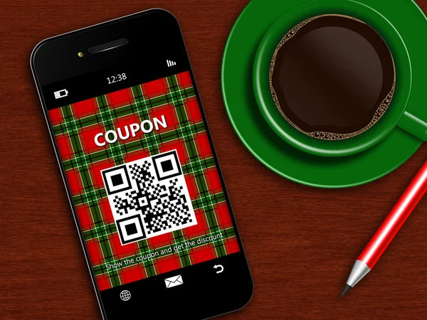 Telefono cellulare con coupon di Natale, tazza di caffè e matita — Foto Stock