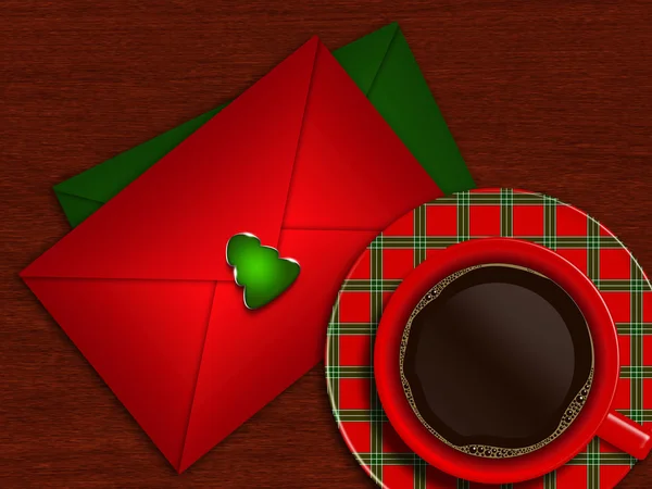 Envelopes de Natal com xícara de café — Fotografia de Stock