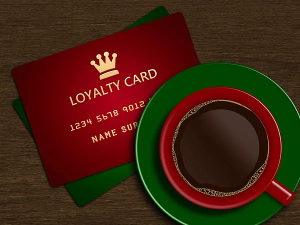 Christmas cup of coffee with loyalty cards — Stock Photo, Image