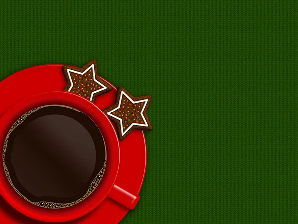 Christmas kopp kaffe och kakor liggande på grön duk — Stockfoto