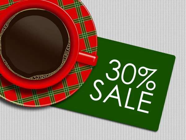 Koffie en korting kerstkaart liggen op wit tafellaken — Stockfoto
